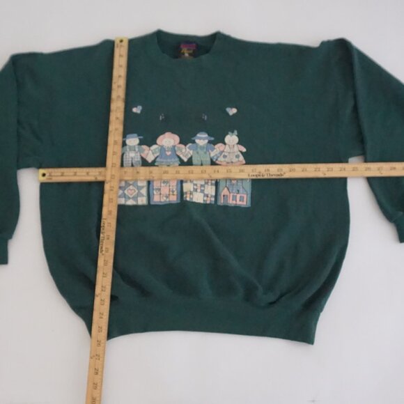 Vintage Green Soffe Sweatshirt Rag Doll Folksy Patchwork Hearts Graphic XL - Picture 2 of 11